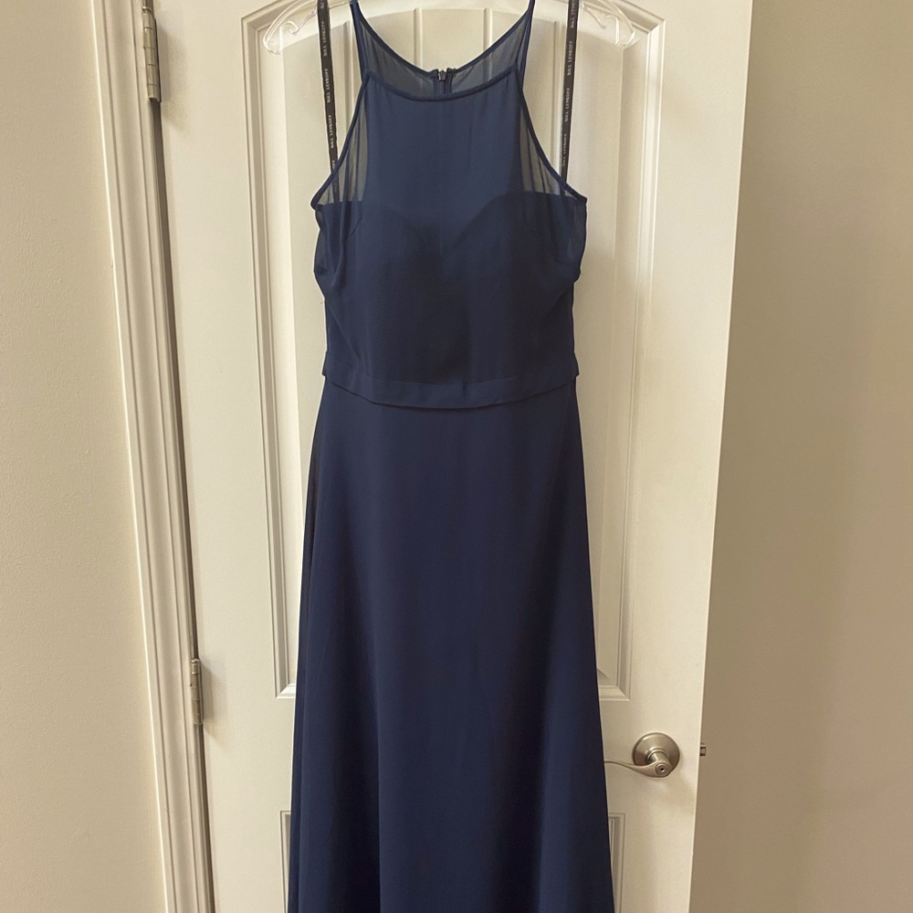 Navy Bill Levkoff bridesmaid gown.